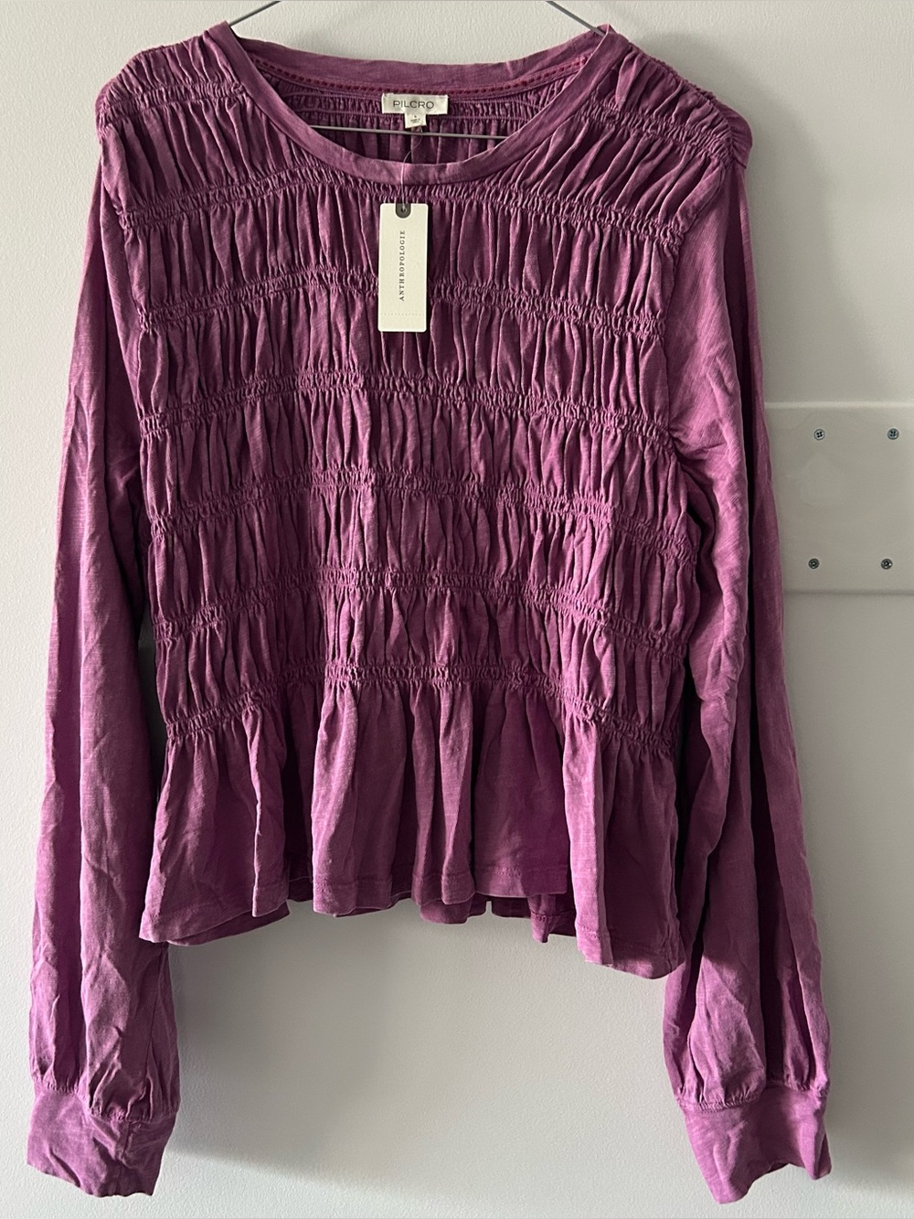 Pilcro Plum Smocked Peplum Long-Sleeve Top